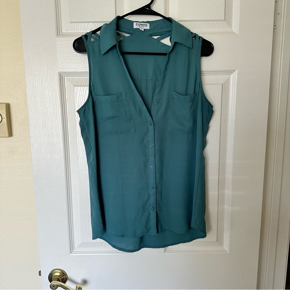 Express sleeveless Portofino shirt, button-down teal medium